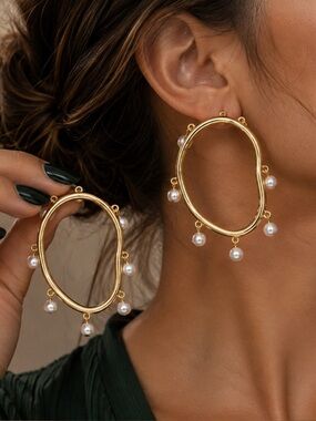 Gold Hoop Drop Pearl Earrings